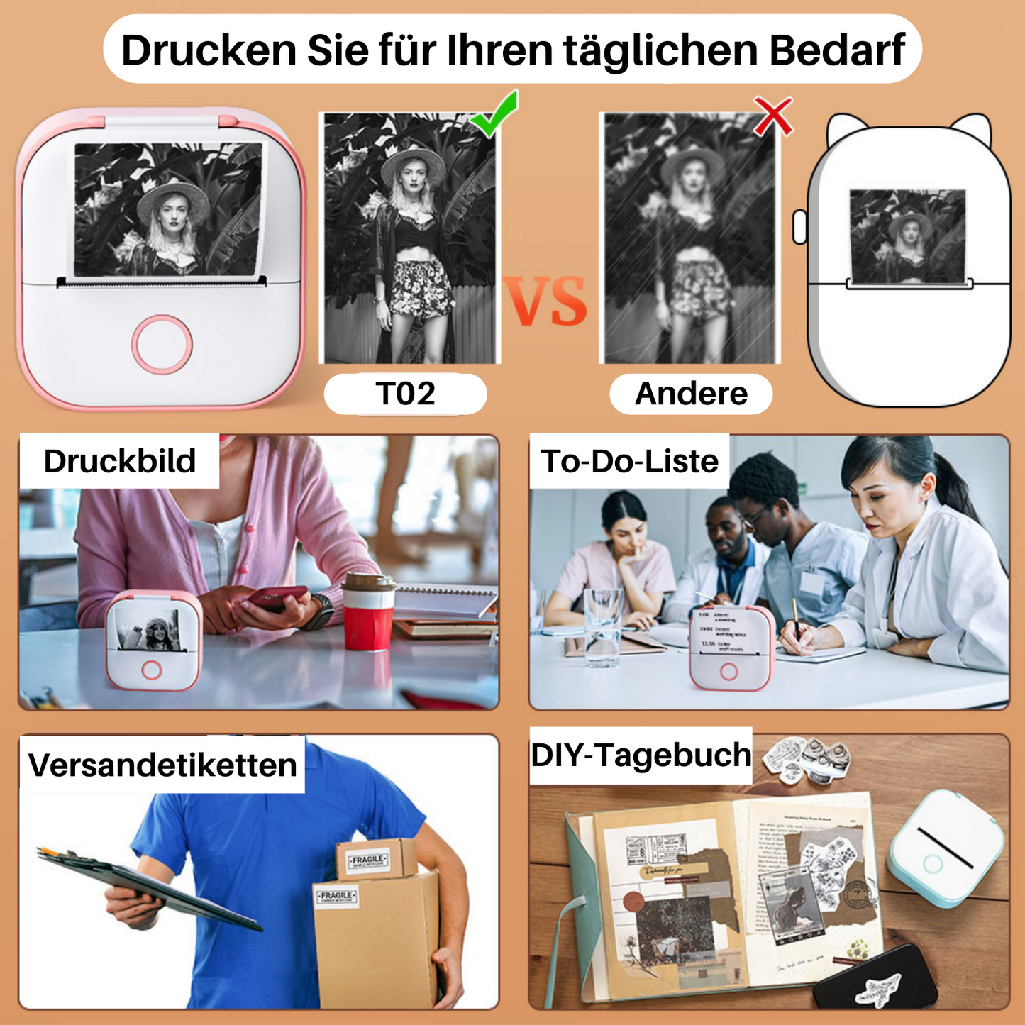 T02 Mini Drucker mit selbstklebendem Papier